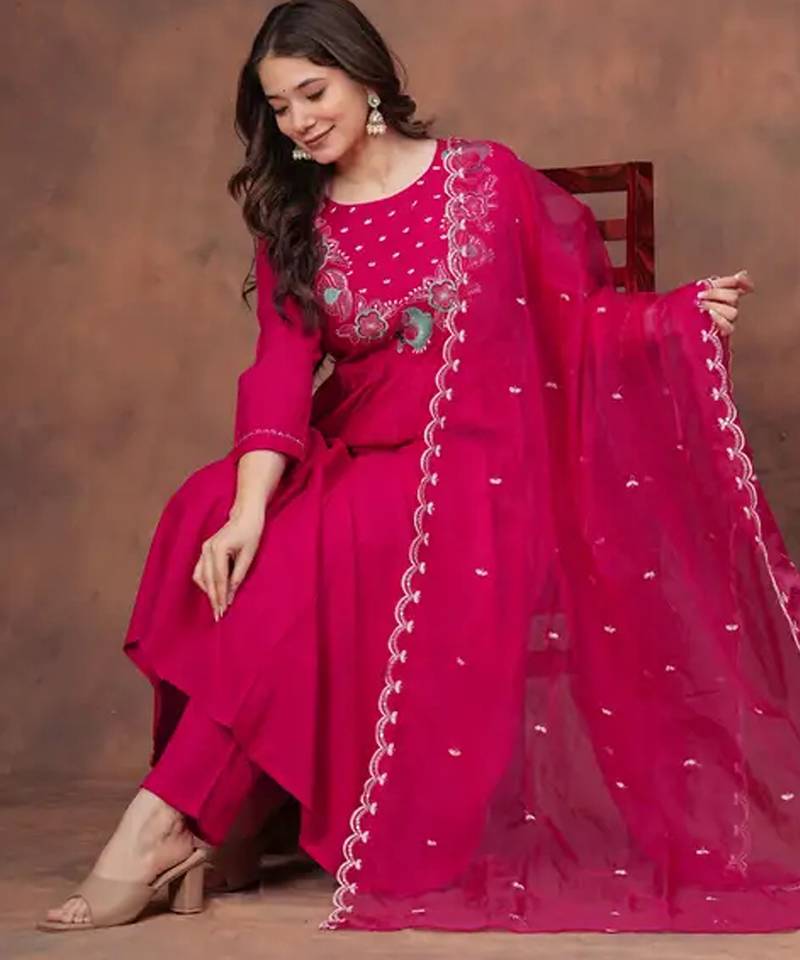 Women's pink embroidered rayon kurta pant set with organza dupatta for festive & party wear