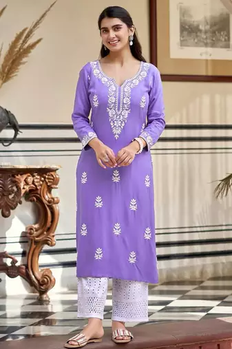 Women's lavender embroidered rayon straight kurta with schiffli pants set for casual & festive wear