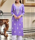 Women's lavender embroidered rayon straight kurta with schiffli pants set for casual & festive wear