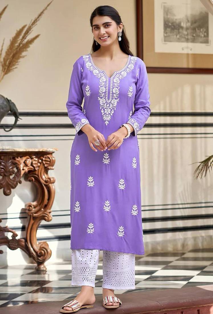 Women's lavender embroidered rayon straight kurta with schiffli pants set for casual & festive wear