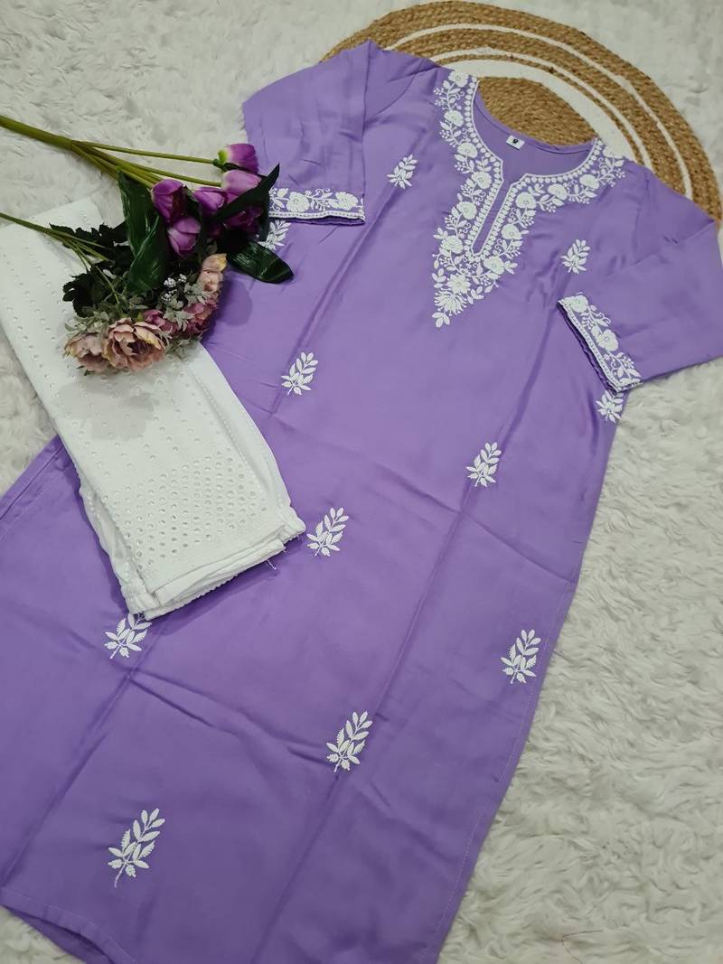 Lavender Embroidered Rayon Straight Kurta Pants Women