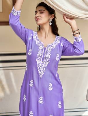 lavender embroidered rayon straight kurta with schiffli pants set  3