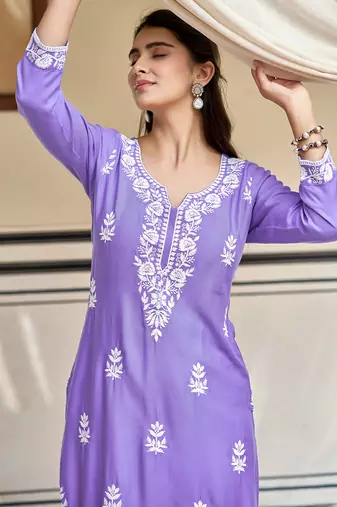 lavender embroidered rayon straight kurta with schiffli pants set 