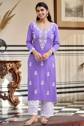 lavender embroidered rayon straight kurta with schiffli pants set 