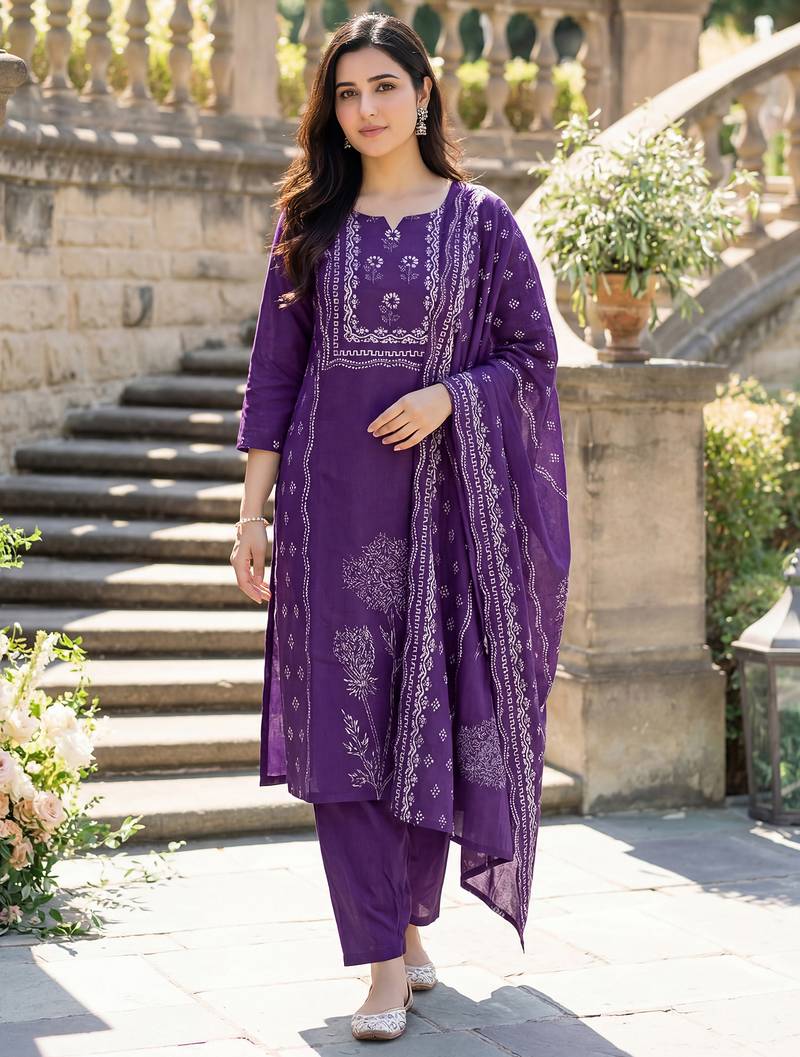 Women's deep purple printed straight muslin kurta pant set with dupatta for festive & ethnic wear