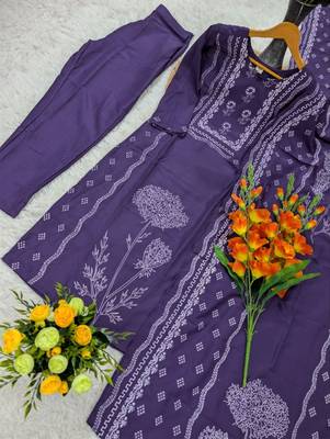 deep purple printed straight muslin kurta pant set with dupatta  2