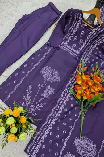 deep purple printed straight muslin kurta pant set with dupatta 