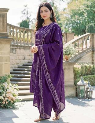 deep purple printed straight muslin kurta pant set with dupatta  2