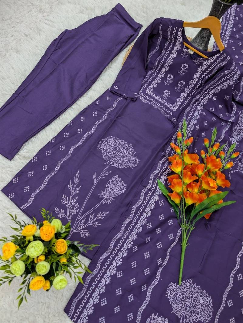 deep purple printed straight muslin kurta pant set with dupatta 