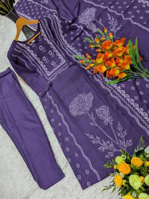 deep purple printed straight muslin kurta pant set with dupatta  3