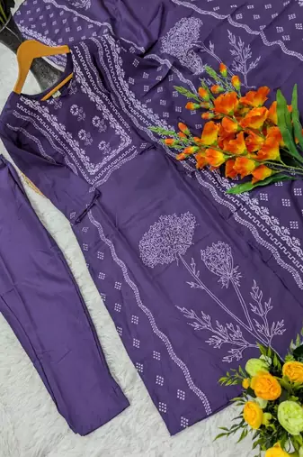 deep purple printed straight muslin kurta pant set with dupatta 
