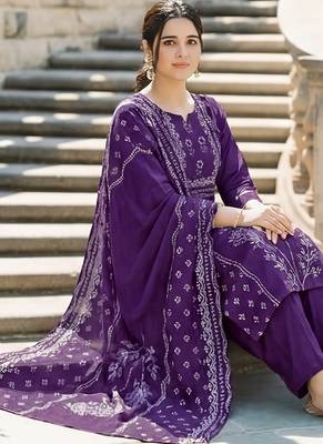deep purple printed straight muslin kurta pant set with dupatta  3