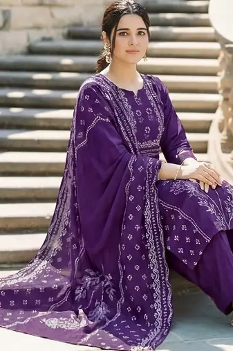 deep purple printed straight muslin kurta pant set with dupatta 
