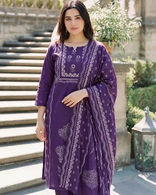 deep purple printed straight muslin kurta pant set with dupatta  4