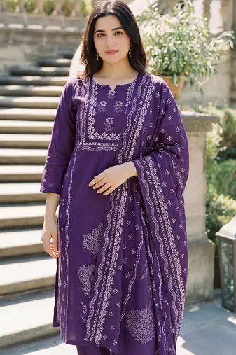 deep purple printed straight muslin kurta pant set with dupatta 