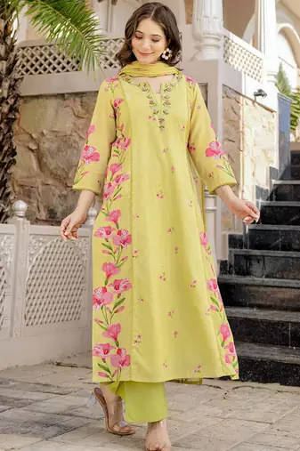 Women's yellow chanderi floral printed kurta pant set with dupatta for summer festive wear