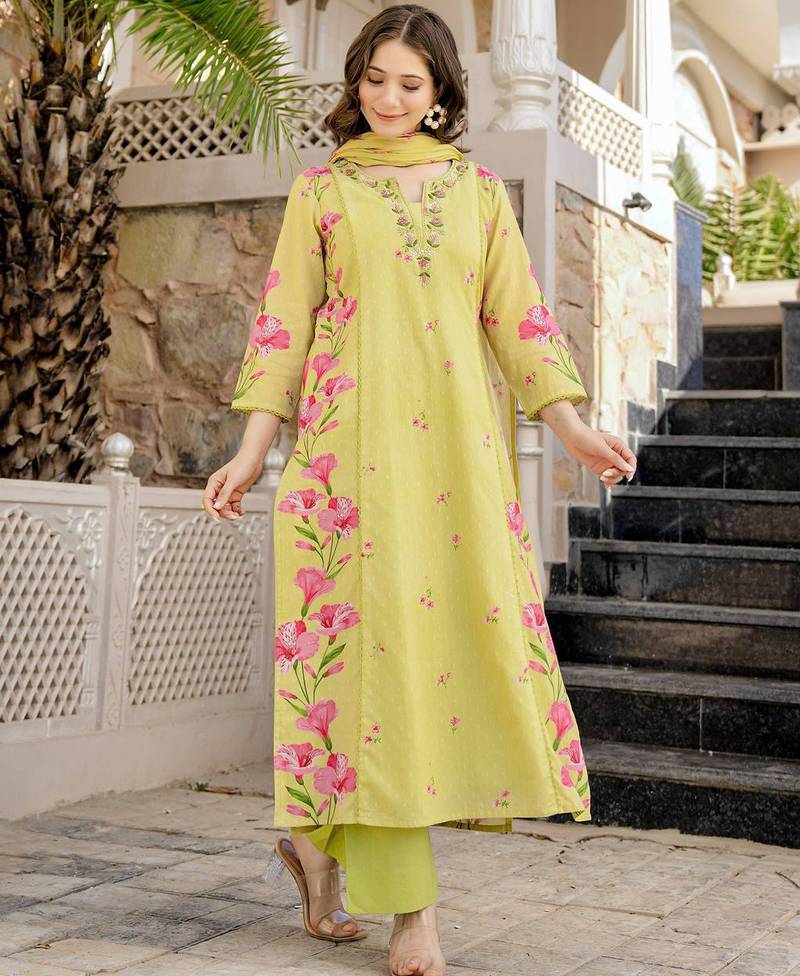 Women's yellow chanderi floral printed kurta pant set with dupatta for summer festive wear
