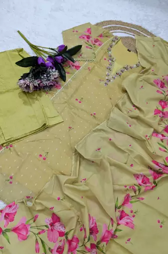 yellow chanderi floral printed kurta pant set with dupatta for summer festive wear