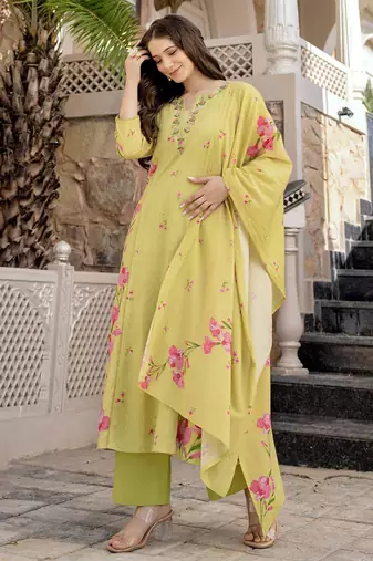 yellow chanderi floral printed kurta pant set with dupatta for summer festive wear