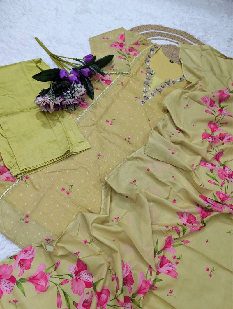 yellow chanderi floral printed kurta pant set with dupatta for summer festive wear