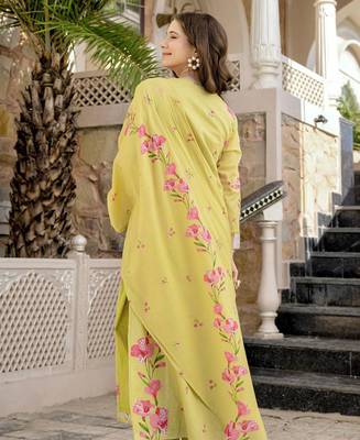 yellow chanderi floral printed kurta pant set with dupatta for summer festive wear 3