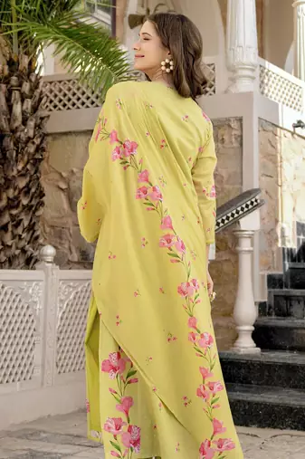 yellow chanderi floral printed kurta pant set with dupatta for summer festive wear