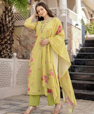 yellow chanderi floral printed kurta pant set with dupatta for summer festive wear 4