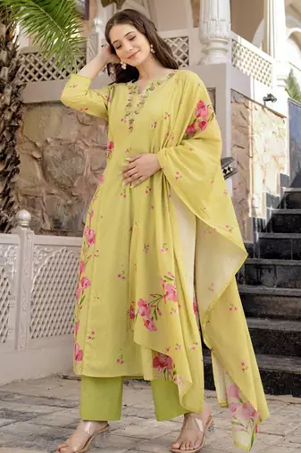 yellow chanderi floral printed kurta pant set with dupatta for summer festive wear