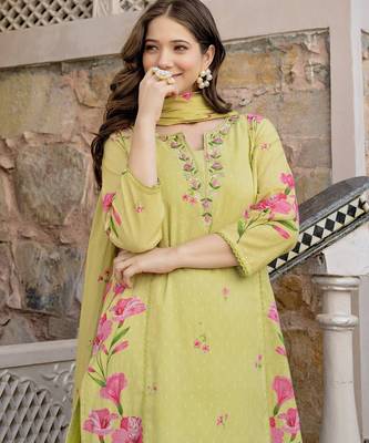 yellow chanderi floral printed kurta pant set with dupatta for summer festive wear 5
