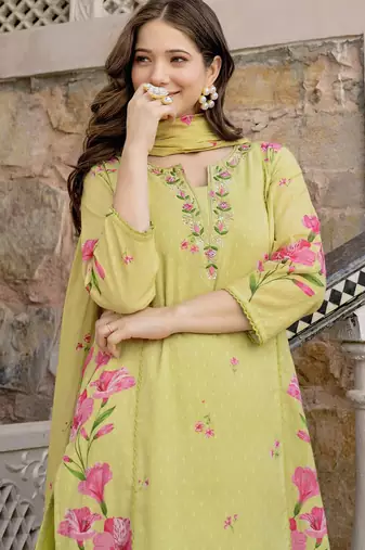 yellow chanderi floral printed kurta pant set with dupatta for summer festive wear