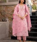 Women's pink chanderi floral printed kurta pant set with dupatta for summer festive wear