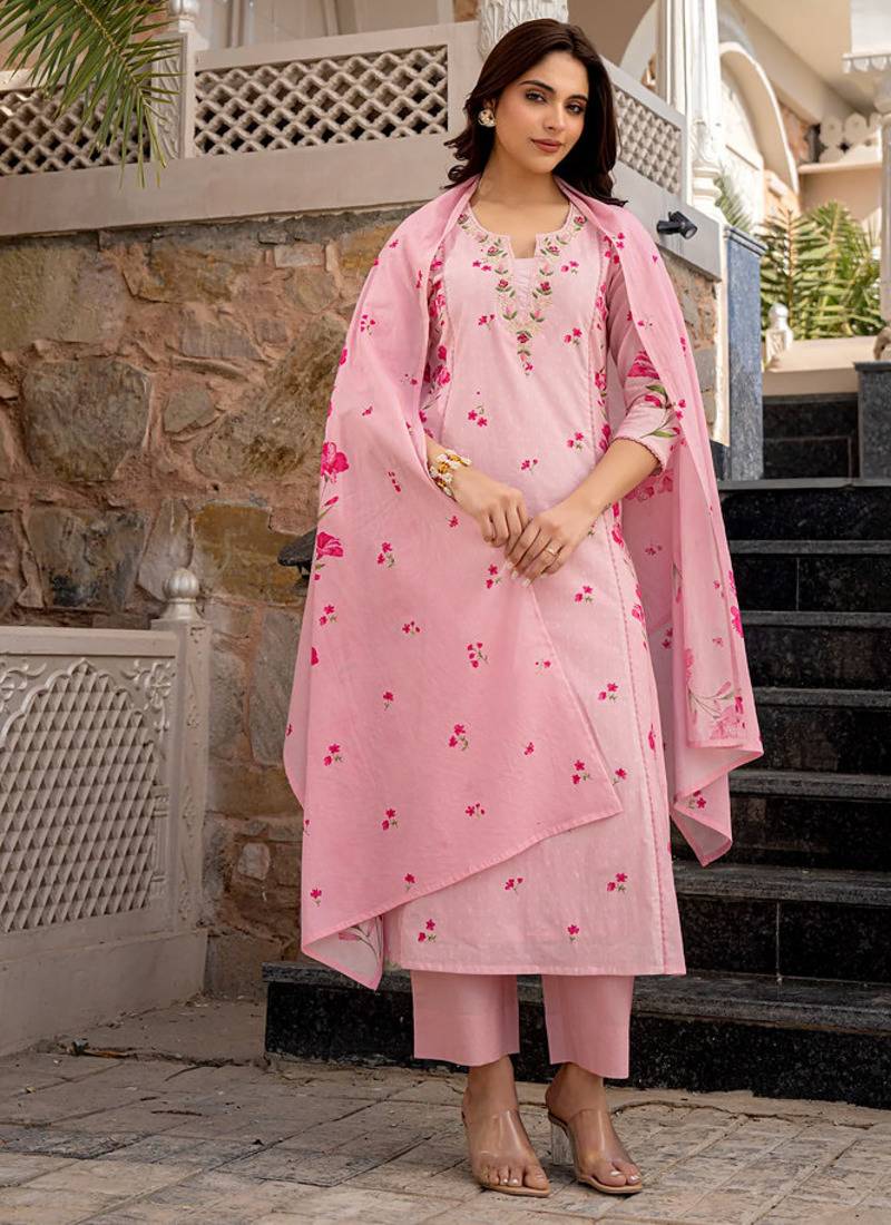 Women's pink chanderi floral printed kurta pant set with dupatta for summer festive wear