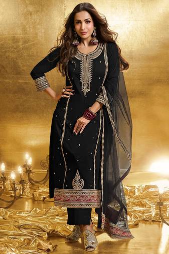 Black Georgette Embroidery Sequence Work Kurta Pant Dupatta For Women