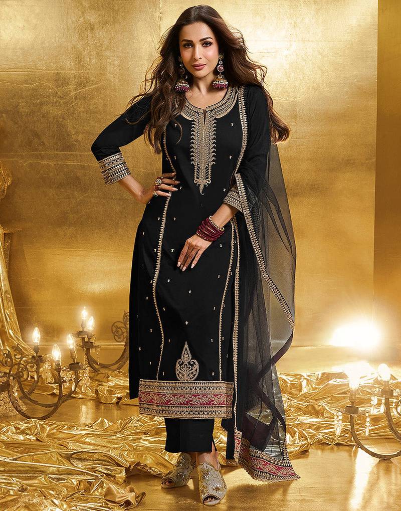 Black Georgette Embroidery Sequence Work Kurta Pant Dupatta For Women
