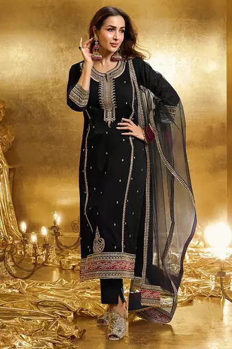 Black Georgette Embroidery Sequence Work Kurta Pant Dupatta For Women