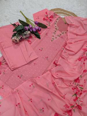 pink chanderi floral printed kurta pant set with dupatta for summer festive wear 2