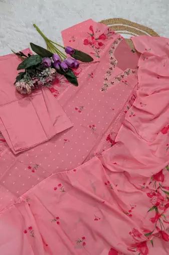 pink chanderi floral printed kurta pant set with dupatta for summer festive wear