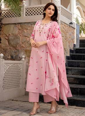 pink chanderi floral printed kurta pant set with dupatta for summer festive wear 2