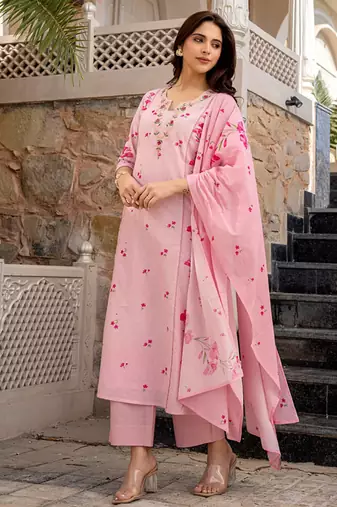 pink chanderi floral printed kurta pant set with dupatta for summer festive wear