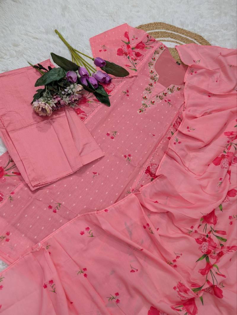 pink chanderi floral printed kurta pant set with dupatta for summer festive wear