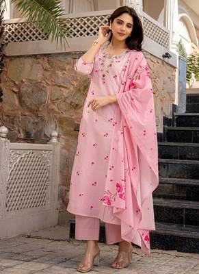 pink chanderi floral printed kurta pant set with dupatta for summer festive wear 3