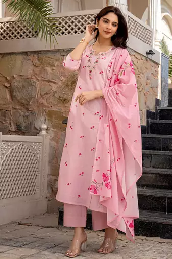 pink chanderi floral printed kurta pant set with dupatta for summer festive wear