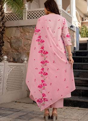 pink chanderi floral printed kurta pant set with dupatta for summer festive wear 4