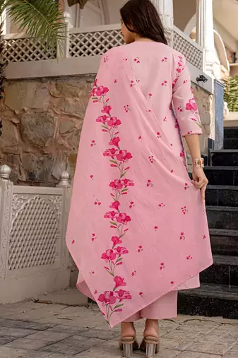 pink chanderi floral printed kurta pant set with dupatta for summer festive wear