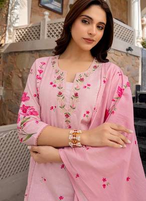 pink chanderi floral printed kurta pant set with dupatta for summer festive wear 5
