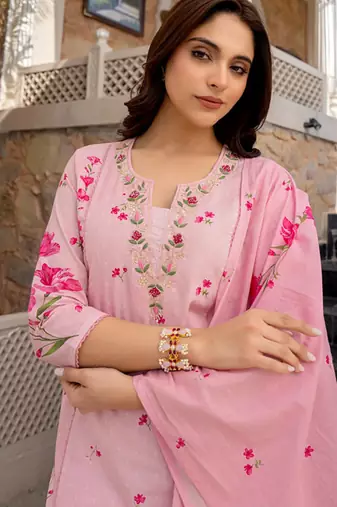 pink chanderi floral printed kurta pant set with dupatta for summer festive wear