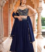 NavyBlue Art Silk Embroidery With Sequence Work Lehenga Choli with Dupatta For Women