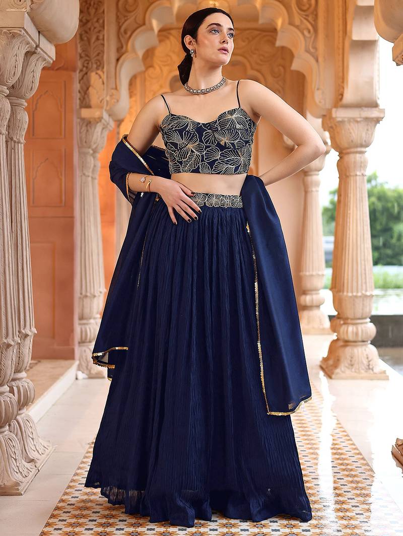 NavyBlue Art Silk Embroidery With Sequence Work Lehenga Choli with Dupatta For Women