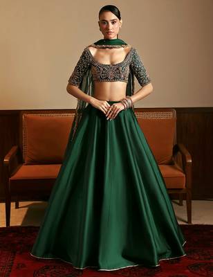 Green Satin Embroidery With Sequence Work Lehenga Choli with Dupatta For Women 1