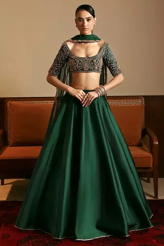 Green Satin Embroidery With Sequence Work Lehenga Choli with Dupatta For Women